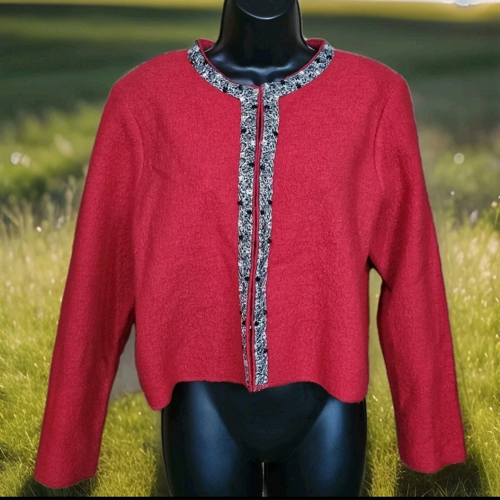 Ruby Rd Ladies Petite Large Sweater Red Wool Silver Black Trim Cardigan EUC